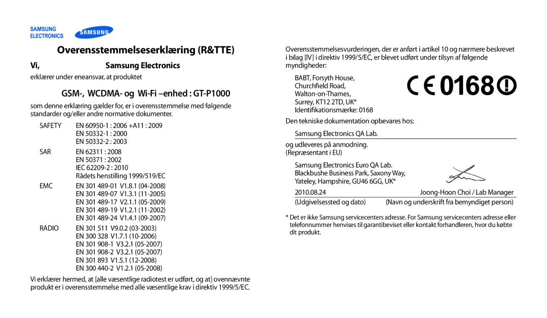 Samsung GT-P1000CWANEE, GT-P1000MSANEE manual GSM-, WCDMA- og Wi-Fi -enhed GT-P1000 