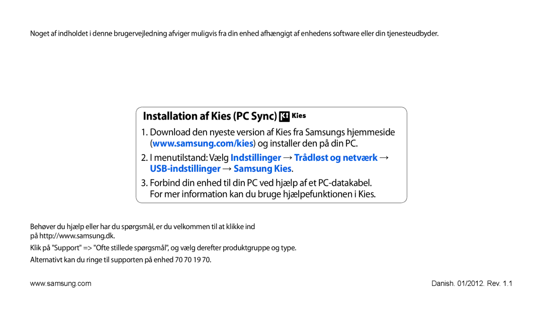 Samsung GT-P1000MSANEE, GT-P1000CWANEE manual Installation af Kies PC Sync 