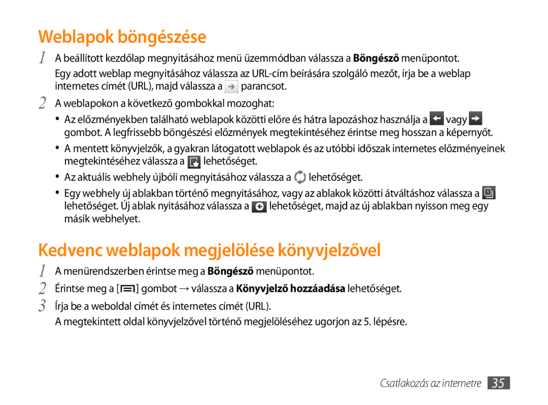 Samsung GT-P1000CWAITV, GT-P1000CWAOMN, GT-P1000CWAMTL manual Weblapok böngészése, Kedvenc weblapok megjelölése könyvjelzővel 