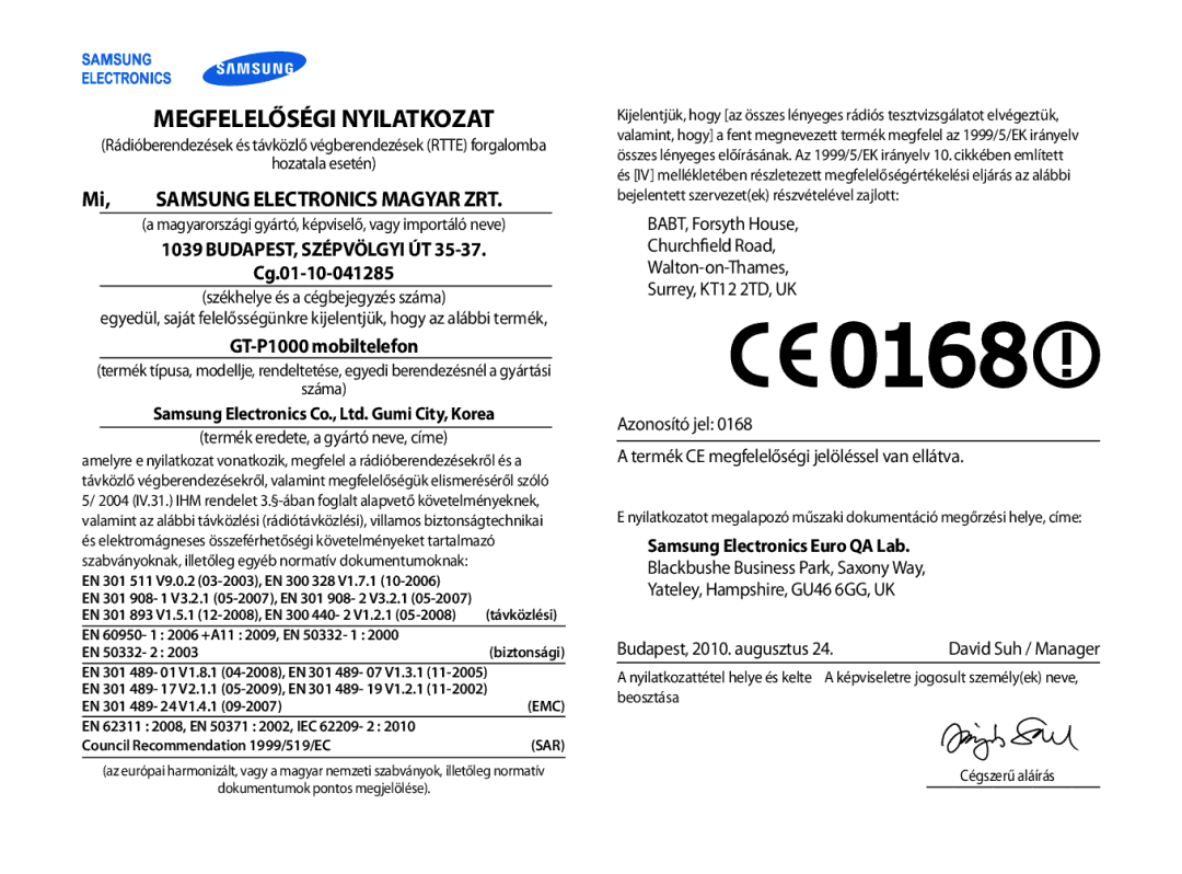 Samsung GT-P1000CWAMTL, GT-P1000CWAOMN, GT-P1000CWAITV, GT-P1000CWAXEH, GT-P1000CWATMN manual Megfelelőségi Nyilatkozat 