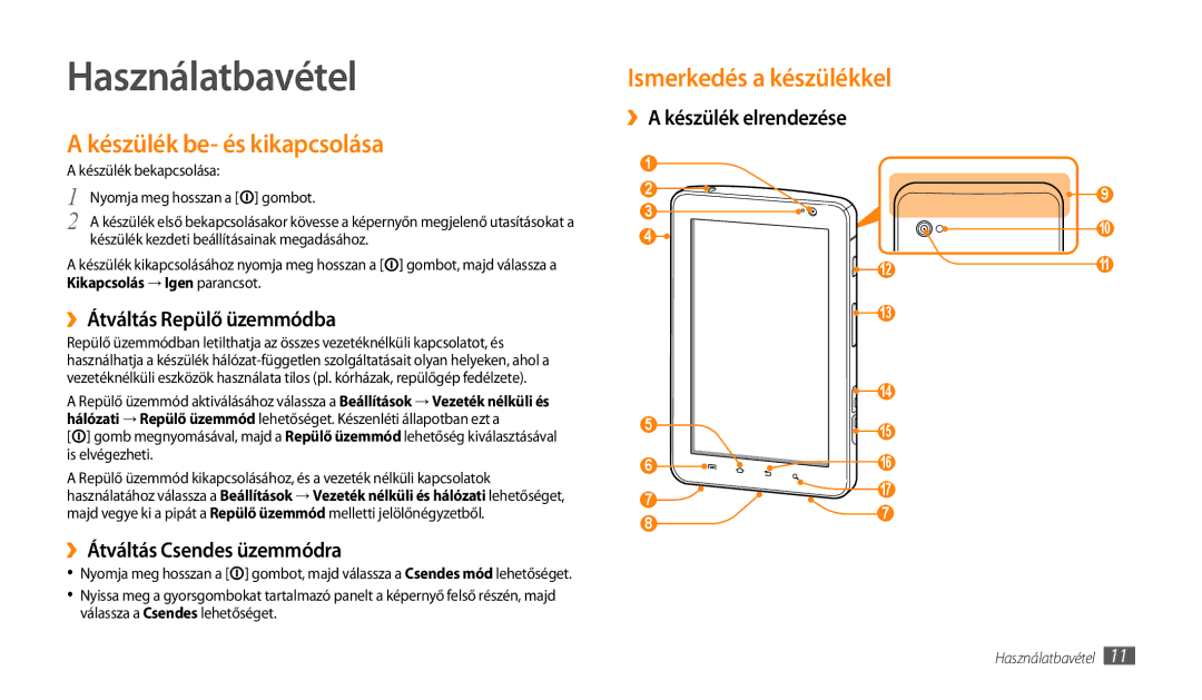 Samsung GT-P1000CWAO2C, GT-P1000CWAOMN manual Használatbavétel, Készülék be- és kikapcsolása, Ismerkedés a készülékkel 