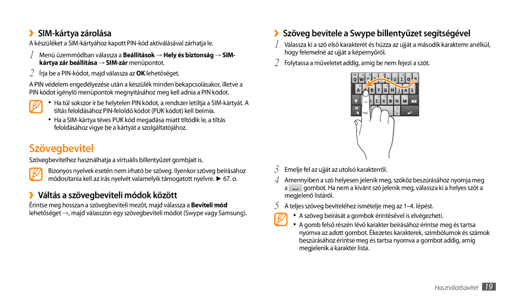 Samsung GT-P1000CWEAUT, GT-P1000CWAOMN manual Szövegbevitel, ››SIM-kártya zárolása, ››Váltás a szövegbeviteli módok között 