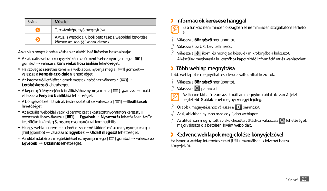 Samsung GT-P1000CWAITV manual ››Információk keresése hanggal, ››Több weblap megnyitása, Letöltéskezelő lehetőséget 