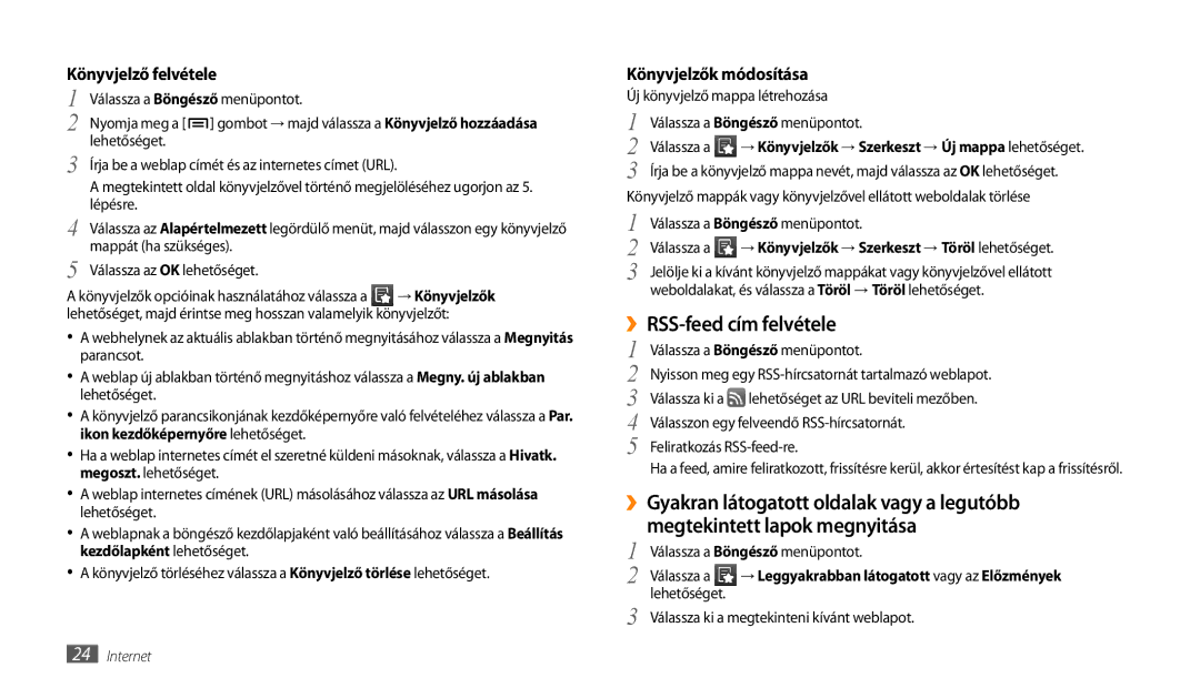 Samsung GT-P1000CWAMTL, GT-P1000CWAOMN manual ››RSS-feed cím felvétele, ››Gyakran látogatott oldalak vagy a legutóbb 