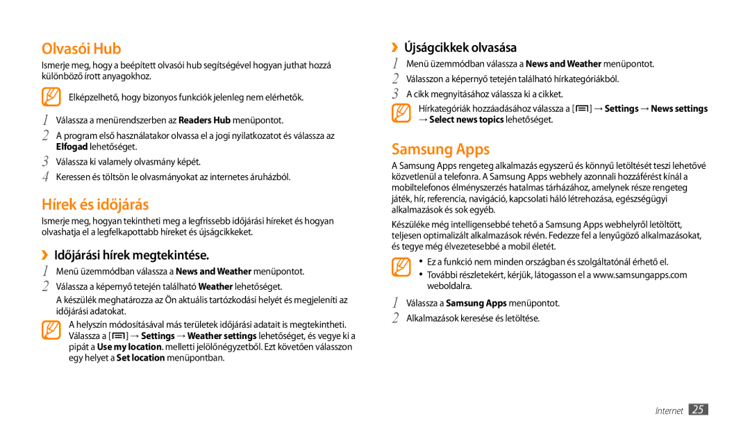 Samsung GT-P1000CWAXEH, GT-P1000CWAOMN manual Olvasói Hub, Hírek és időjárás, Samsung Apps, ››Időjárási hírek megtekintése 