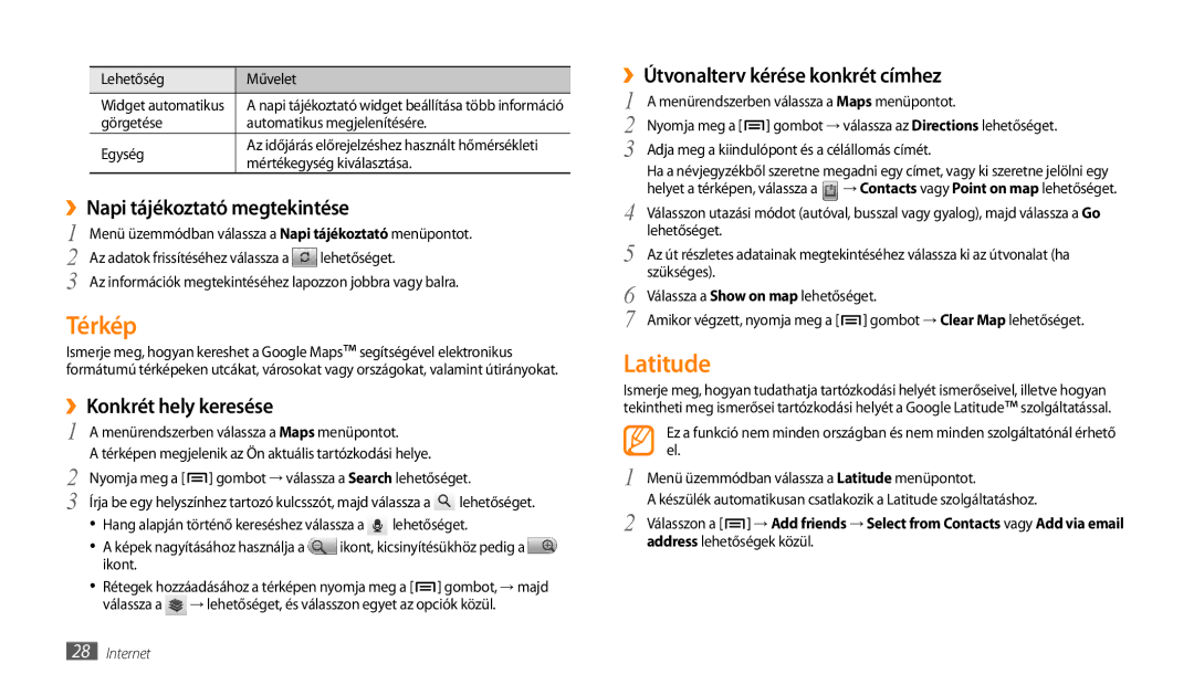 Samsung GT-P1000CWDROM, GT-P1000CWAOMN manual Térkép, Latitude, ››Napi tájékoztató megtekintése, ››Konkrét hely keresése 