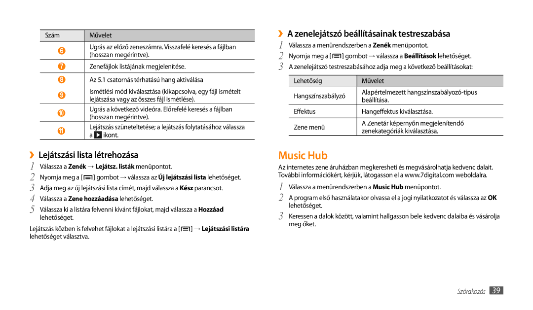 Samsung GT-P1000CWDPAN manual Music Hub, ››Lejátszási lista létrehozása, ››A zenelejátszó beállításainak testreszabása 