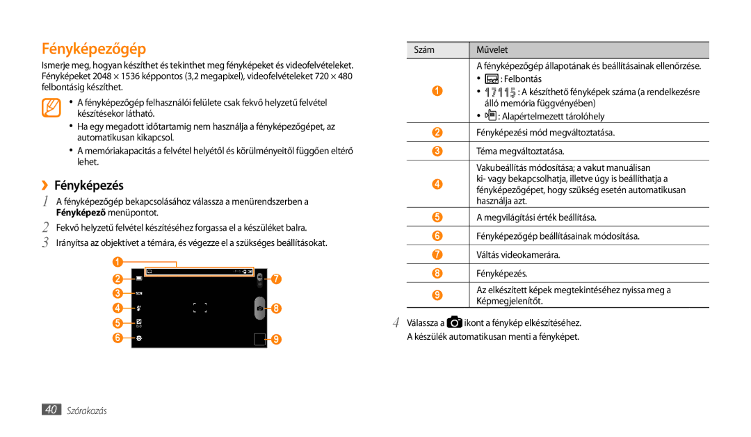 Samsung GT-P1000CWDTMH, GT-P1000CWAOMN, GT-P1000CWAITV, GT-P1000CWAMTL manual Fényképezőgép, ››Fényképezés, 40 Szórakozás 