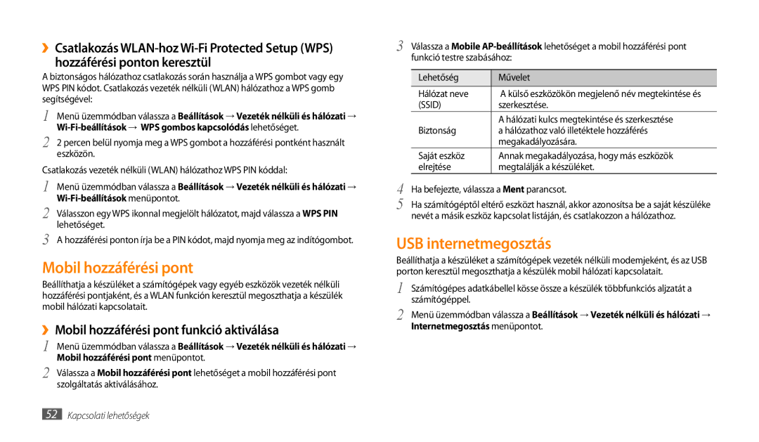 Samsung GT-P1000CWATMH, GT-P1000CWAOMN manual USB internetmegosztás, ››Mobil hozzáférési pont funkció aktiválása 