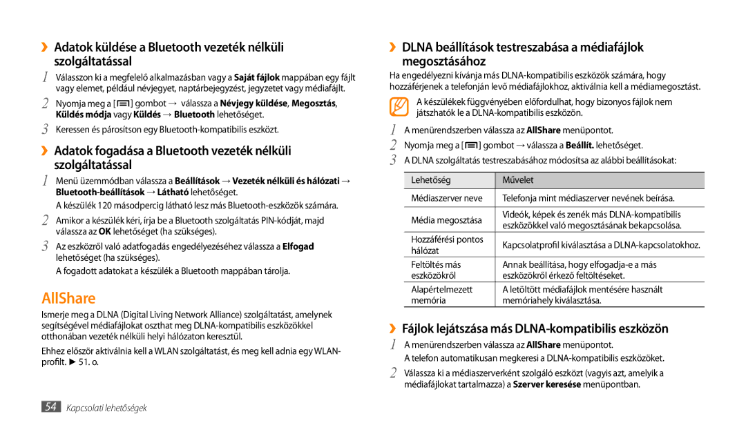 Samsung GT-P1000CWATPH, GT-P1000CWAOMN, GT-P1000CWAITV manual AllShare, ››Fájlok lejátszása más DLNA-kompatibilis eszközön 