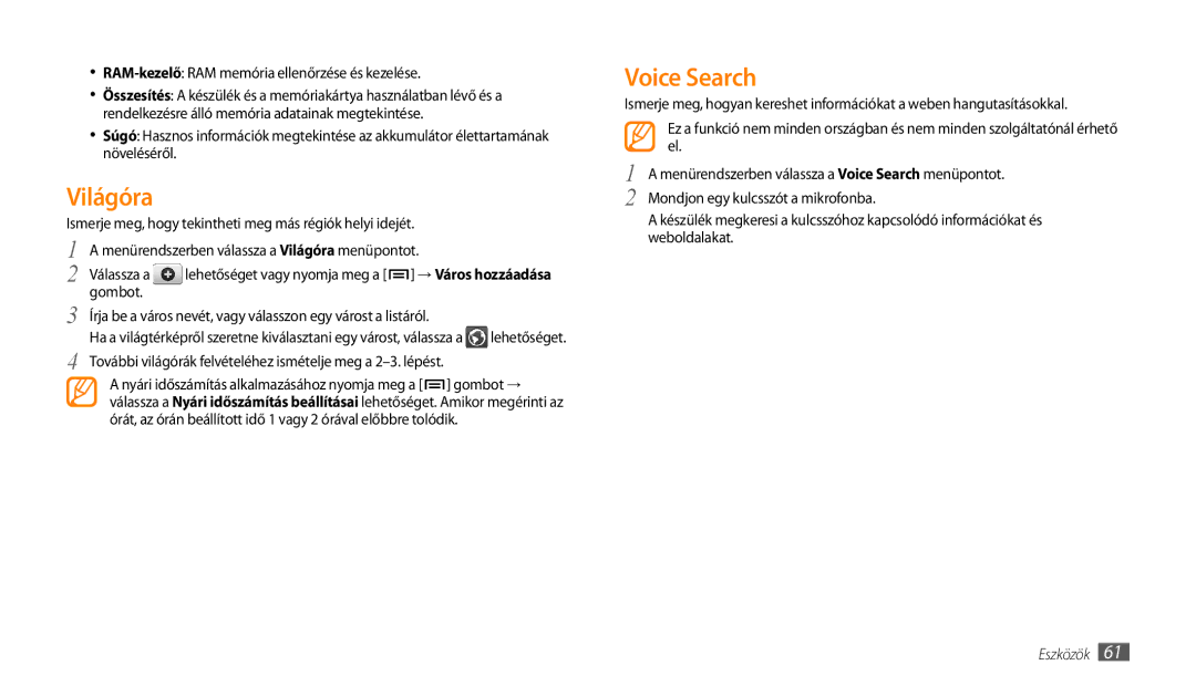Samsung GT-P1000CWDPAN, GT-P1000CWAOMN manual Világóra, Voice Search, RAM-kezelő RAM memória ellenőrzése és kezelése 