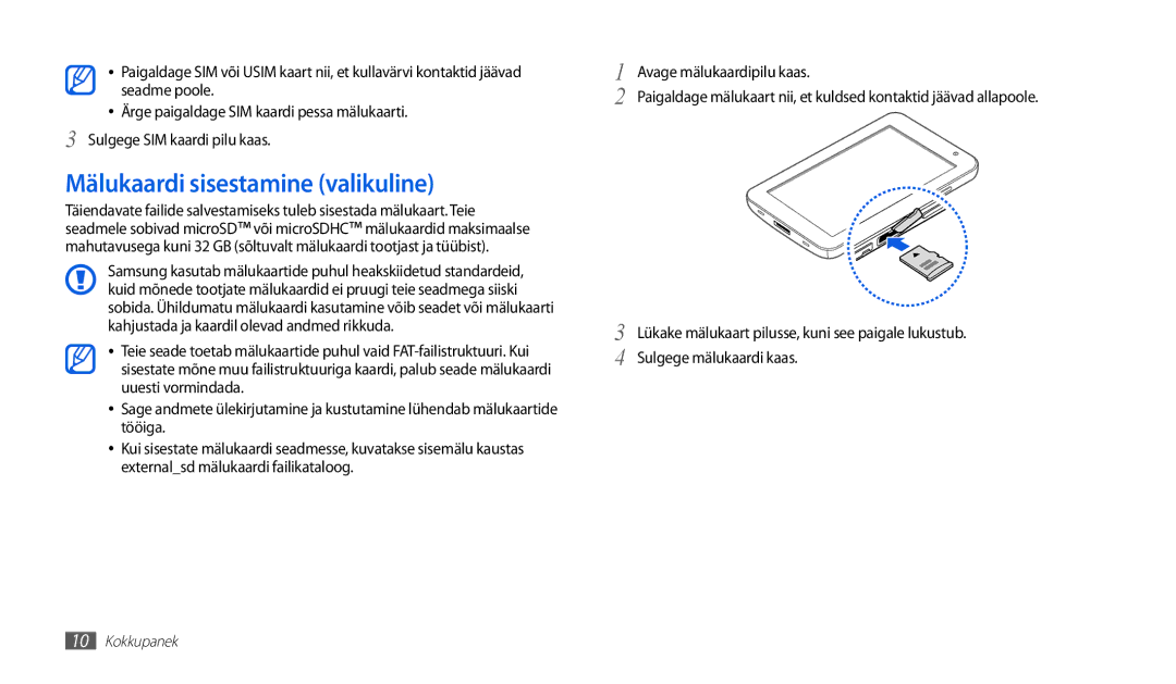 Samsung GT-P1000CWASEB, GT-P1000CWJSEB manual Mälukaardi sisestamine valikuline 