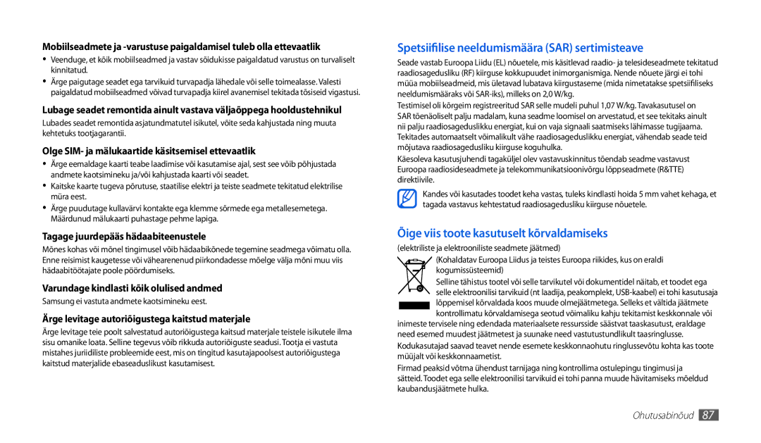 Samsung GT-P1000CWJSEB manual Spetsiifilise neeldumismäära SAR sertimisteave, Õige viis toote kasutuselt kõrvaldamiseks 