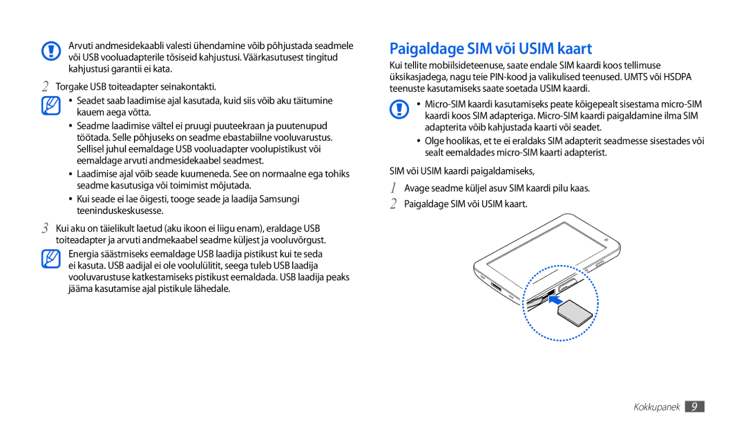 Samsung GT-P1000CWJSEB, GT-P1000CWASEB manual Paigaldage SIM või Usim kaart, SIM või Usim kaardi paigaldamiseks 