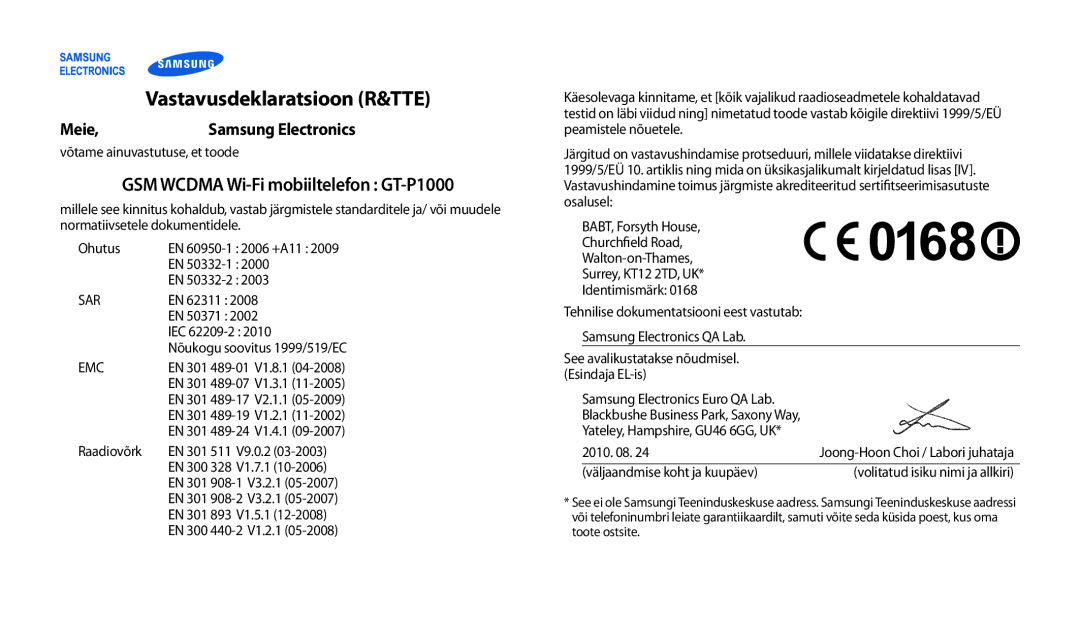 Samsung GT-P1000CWASEB, GT-P1000CWJSEB manual Vastavusdeklaratsioon R&TTE 