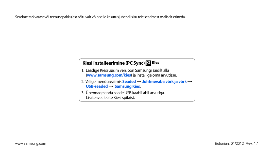 Samsung GT-P1000CWJSEB, GT-P1000CWASEB manual Kiesi installeerimine PC Sync 