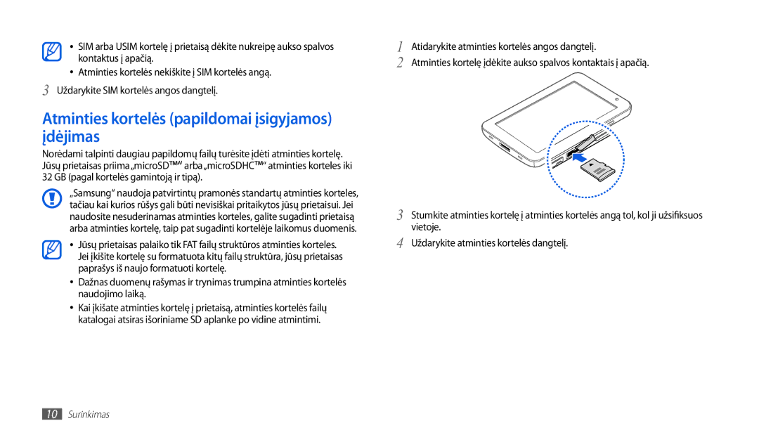 Samsung GT-P1000CWASEB, GT-P1000CWJSEB manual Atminties kortelės papildomai įsigyjamos įdėjimas 