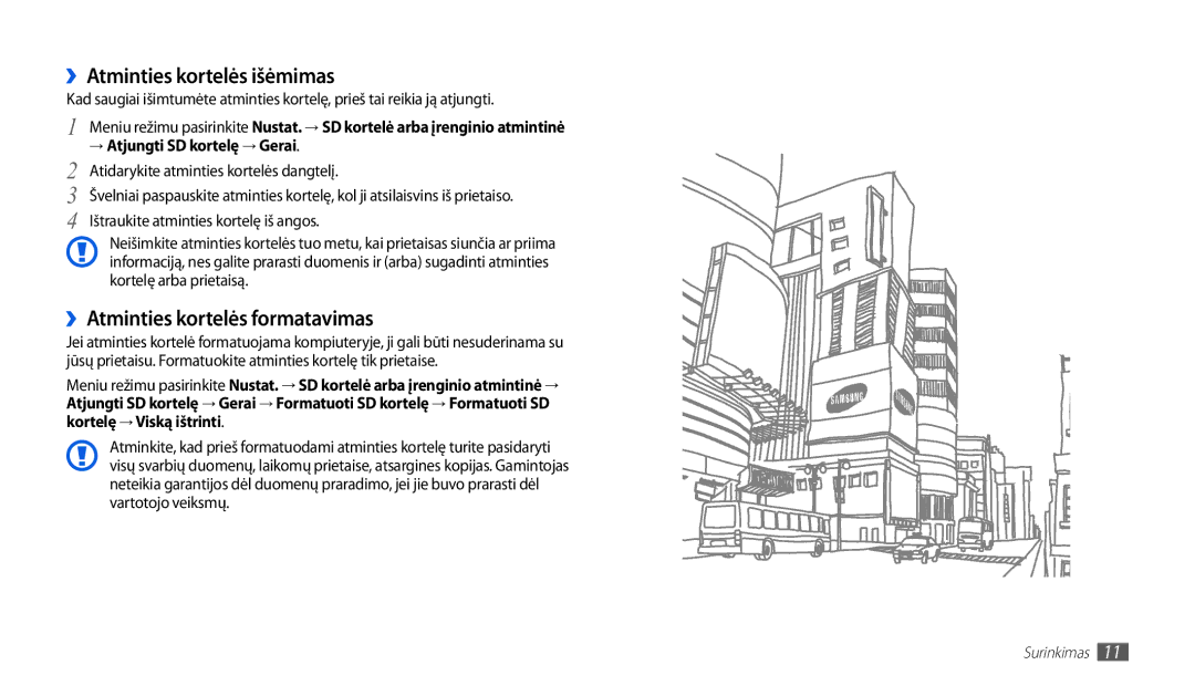 Samsung GT-P1000CWJSEB, GT-P1000CWASEB manual ››Atminties kortelės išėmimas, ››Atminties kortelės formatavimas 