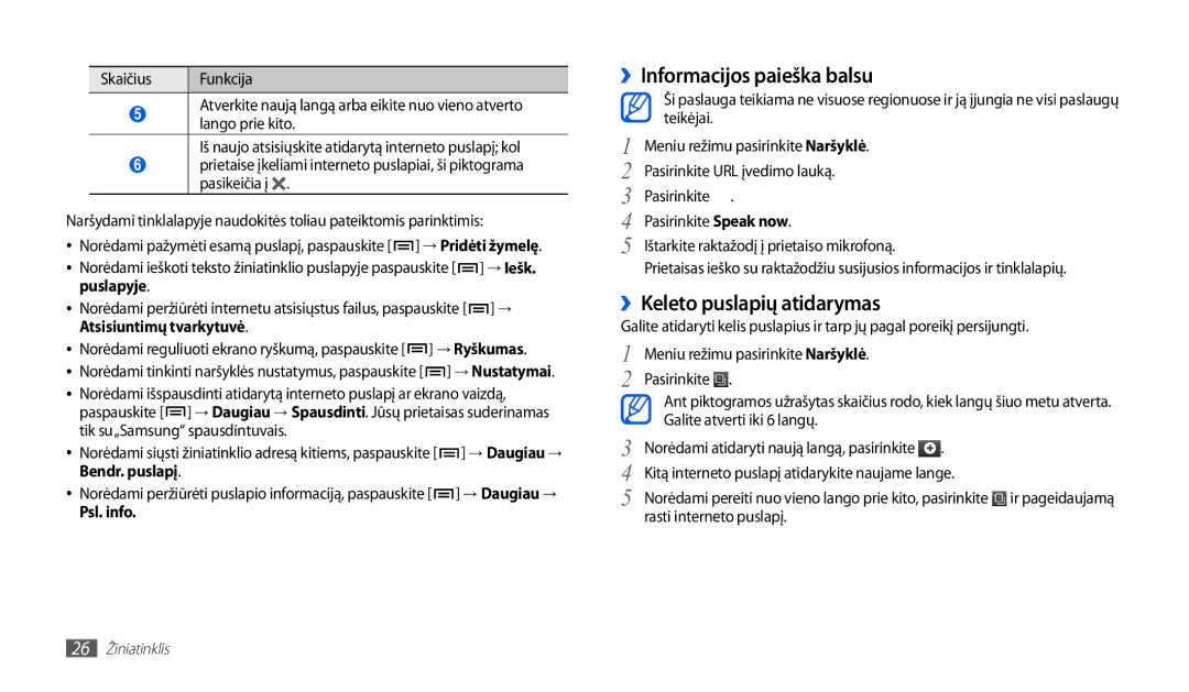 Samsung GT-P1000CWASEB, GT-P1000CWJSEB manual ››Informacijos paieška balsu, ››Keleto puslapių atidarymas 