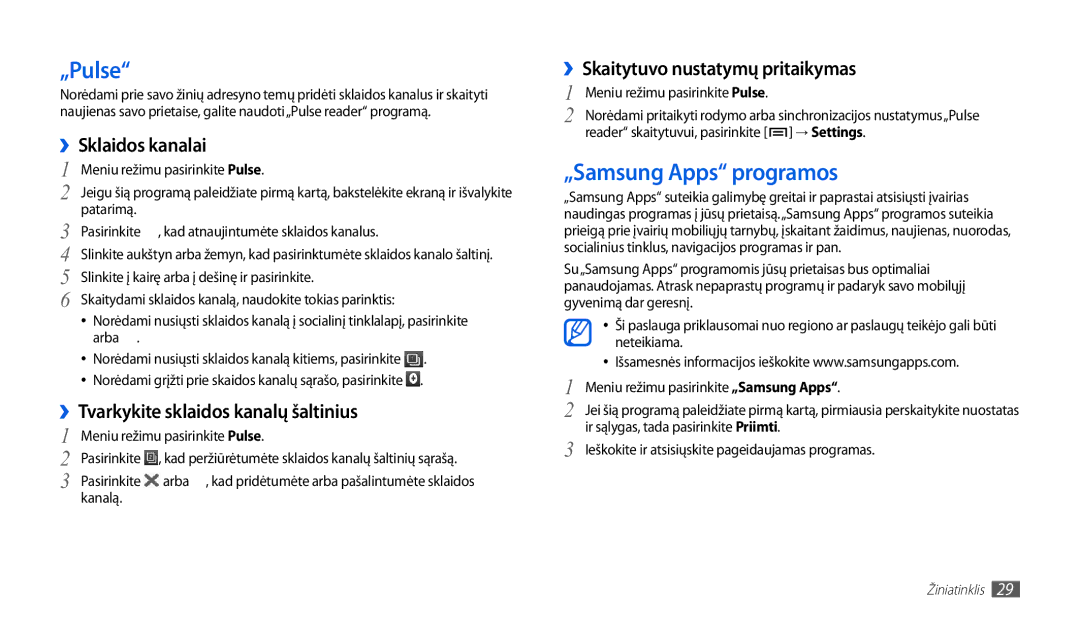 Samsung GT-P1000CWJSEB manual „Pulse, „Samsung Apps programos, ››Sklaidos kanalai, ››Tvarkykite sklaidos kanalų šaltinius 