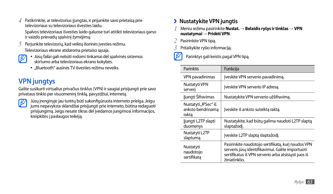 Samsung GT-P1000CWJSEB, GT-P1000CWASEB manual VPN jungtys, ››Nustatykite VPN jungtis, Nustatymai → Pridėti VPN 