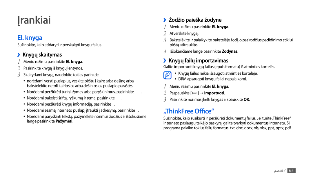 Samsung GT-P1000CWJSEB, GT-P1000CWASEB manual Įrankiai, El. knyga, „ThinkFree Office 
