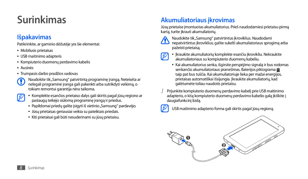 Samsung GT-P1000CWASEB, GT-P1000CWJSEB manual Surinkimas, Išpakavimas, Akumuliatoriaus įkrovimas 