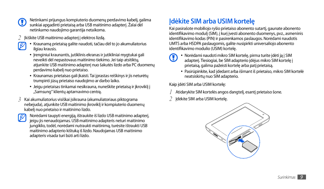 Samsung GT-P1000CWJSEB, GT-P1000CWASEB manual Įdėkite SIM arba Usim kortelę 