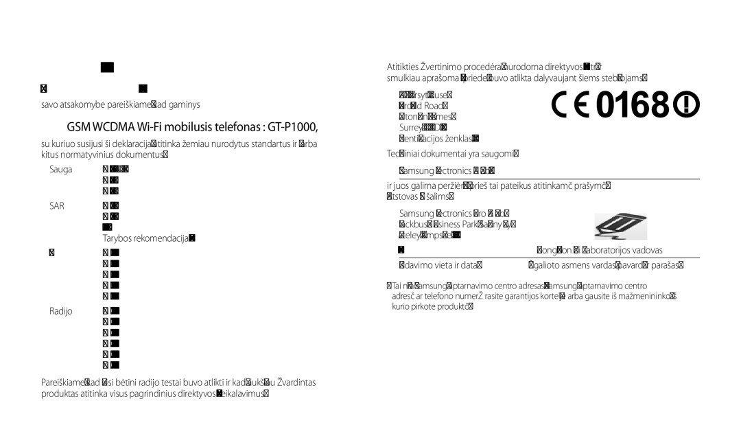 Samsung GT-P1000CWASEB, GT-P1000CWJSEB manual Atitikties deklaracija R&TTE 