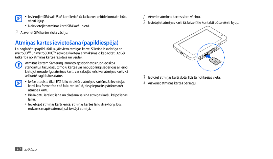 Samsung GT-P1000CWASEB, GT-P1000CWJSEB manual Atmiņas kartes ievietošana papildiespēja 