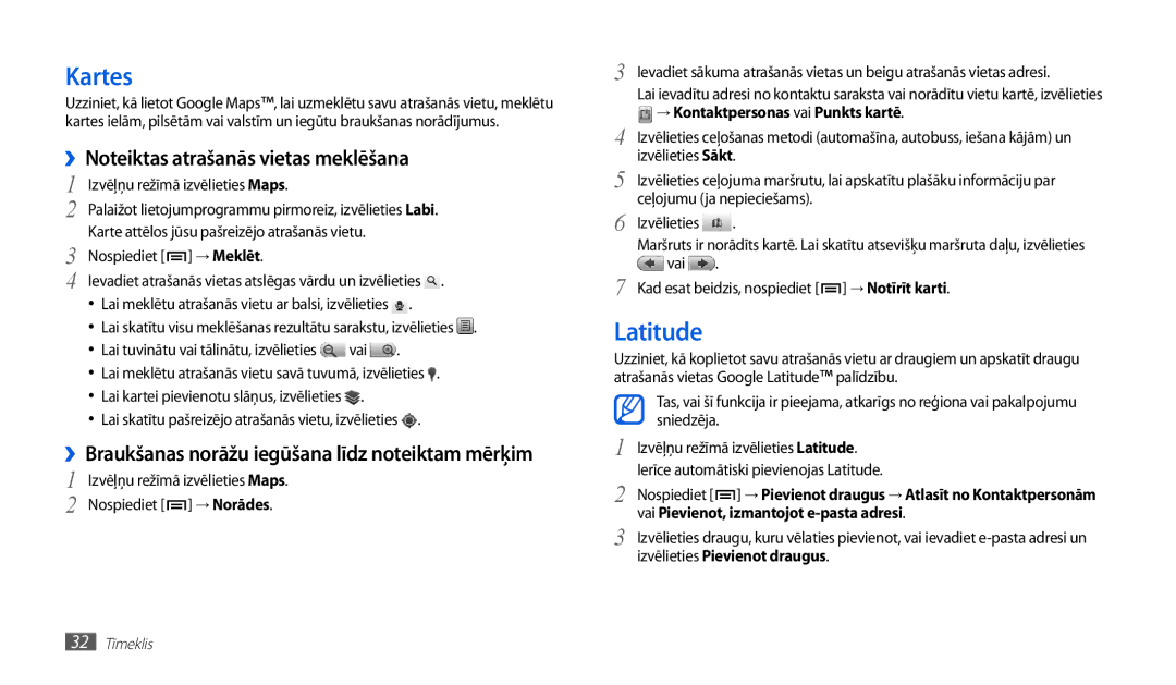 Samsung GT-P1000CWASEB, GT-P1000CWJSEB manual Kartes, Latitude, ››Noteiktas atrašanās vietas meklēšana 