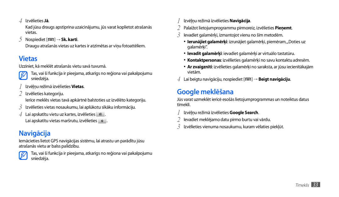 Samsung GT-P1000CWJSEB, GT-P1000CWASEB manual Vietas, Navigācija, Google meklēšana, → Sk. karti, → Beigt navigāciju 
