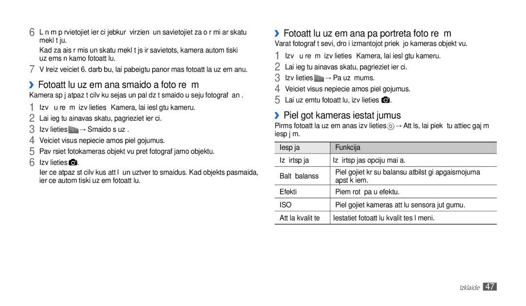 Samsung GT-P1000CWJSEB manual ››Fotoattēlu uzņemšana smaidoša foto režīmā, ››Fotoattēlu uzņemšana pašportreta foto režīmā 
