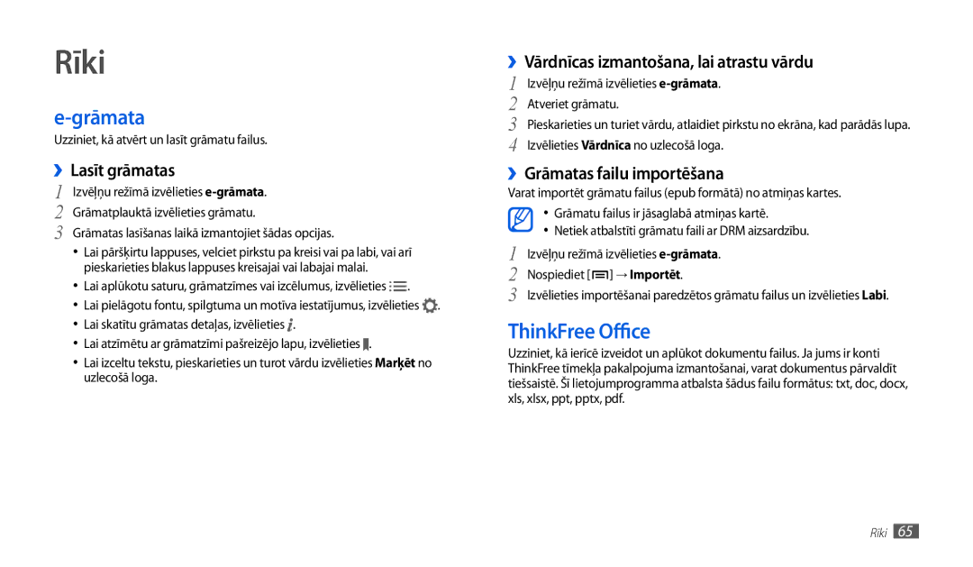 Samsung GT-P1000CWJSEB, GT-P1000CWASEB manual Rīki, Grāmata, ThinkFree Office 