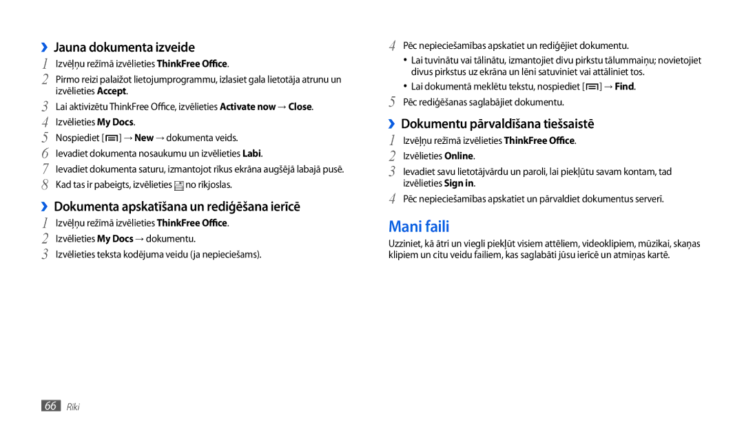 Samsung GT-P1000CWASEB, GT-P1000CWJSEB manual Mani faili, ››Jauna dokumenta izveide, ››Dokumentu pārvaldīšana tiešsaistē 