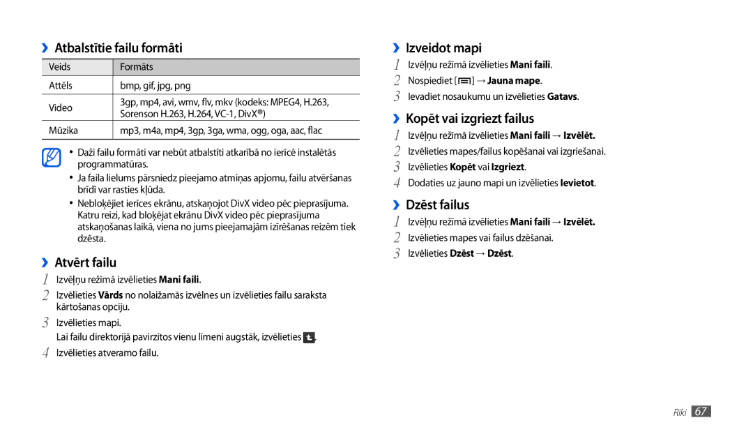 Samsung GT-P1000CWJSEB manual ››Atbalstītie failu formāti, ››Atvērt failu, ››Izveidot mapi, ››Kopēt vai izgriezt failus 