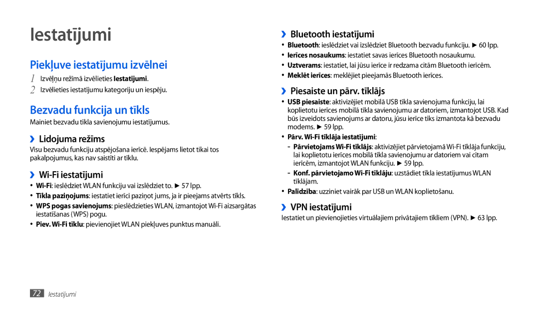 Samsung GT-P1000CWASEB, GT-P1000CWJSEB manual Iestatījumi, Piekļuve iestatījumu izvēlnei, Bezvadu funkcija un tīkls 