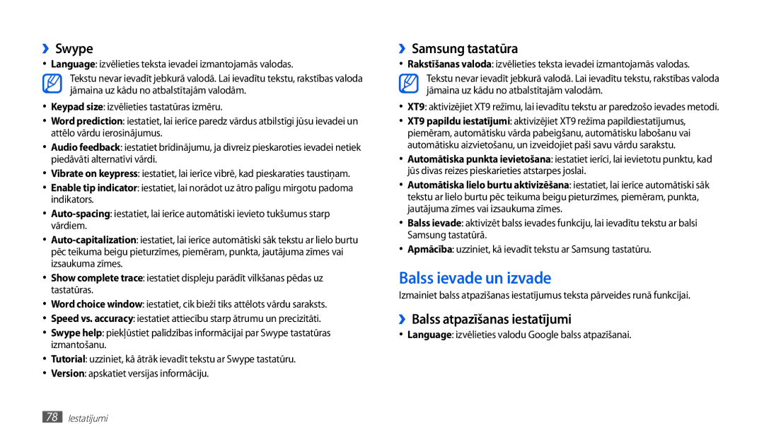 Samsung GT-P1000CWASEB manual Balss ievade un izvade, ››Swype, ››Samsung tastatūra, ››Balss atpazīšanas iestatījumi 