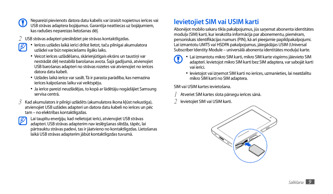 Samsung GT-P1000CWJSEB manual Ievietojiet SIM vai Usim karti, USB strāvas adapteri pieslēdziet pie strāvas kontaktligzdas 