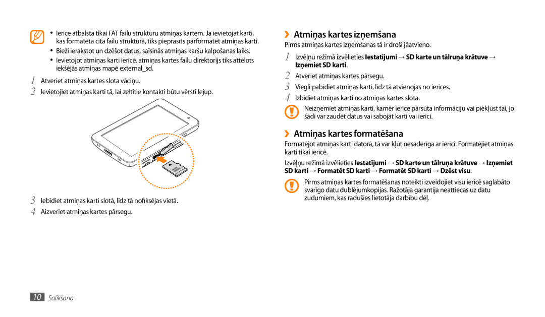 Samsung GT-P1000CWASEB, GT-P1000CWJSEB manual ››Atmiņas kartes izņemšana, ››Atmiņas kartes formatēšana, Izņemiet SD karti 