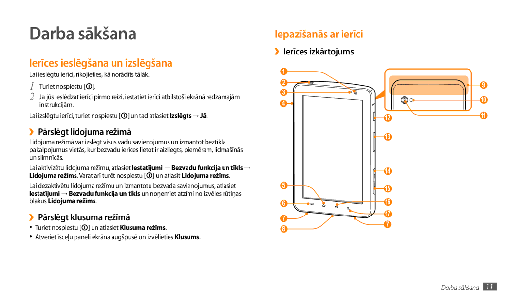 Samsung GT-P1000CWJSEB, GT-P1000CWASEB manual Darba sākšana, Ierīces ieslēgšana un izslēgšana, ››Pārslēgt lidojuma režīmā 