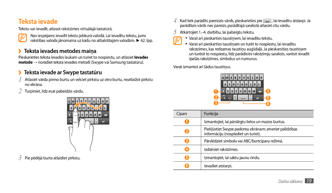 Samsung GT-P1000CWJSEB, GT-P1000CWASEB manual ››Teksta ievades metodes maiņa, ››Teksta ievade ar Swype tastatūru 