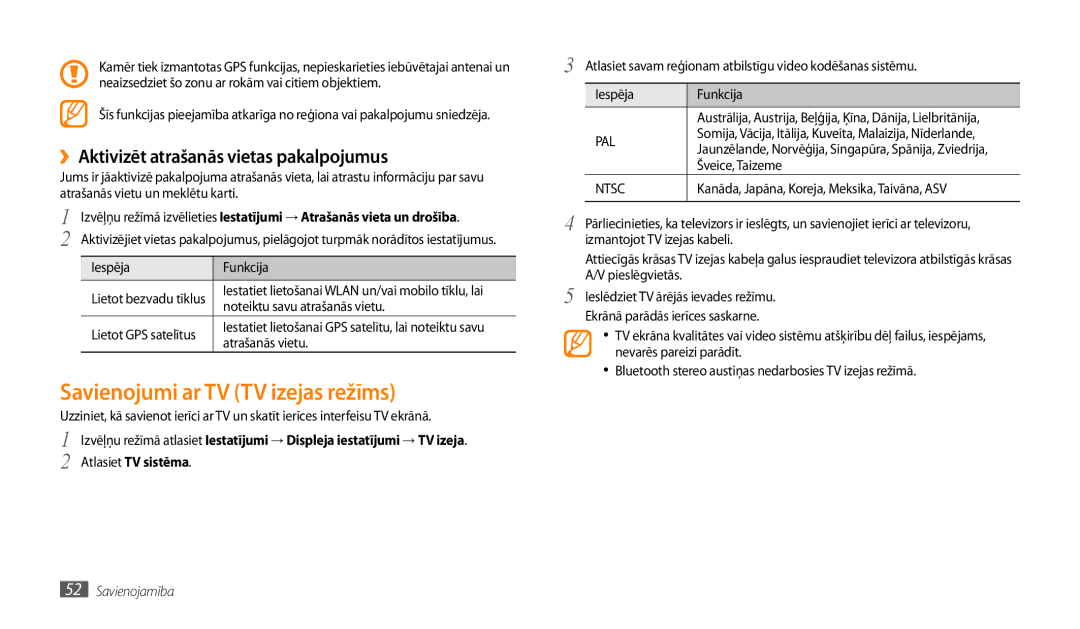 Samsung GT-P1000CWASEB, GT-P1000CWJSEB manual Savienojumi ar TV TV izejas režīms, ››Aktivizēt atrašanās vietas pakalpojumus 