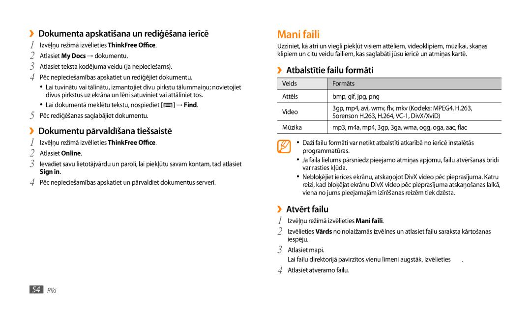 Samsung GT-P1000CWASEB manual Mani faili, ››Dokumenta apskatīšana un rediģēšana ierīcē, ››Dokumentu pārvaldīšana tiešsaistē 