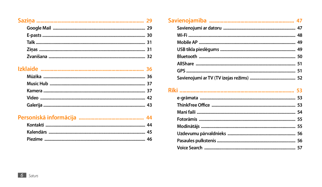 Samsung GT-P1000CWASEB, GT-P1000CWJSEB manual Saziņa 