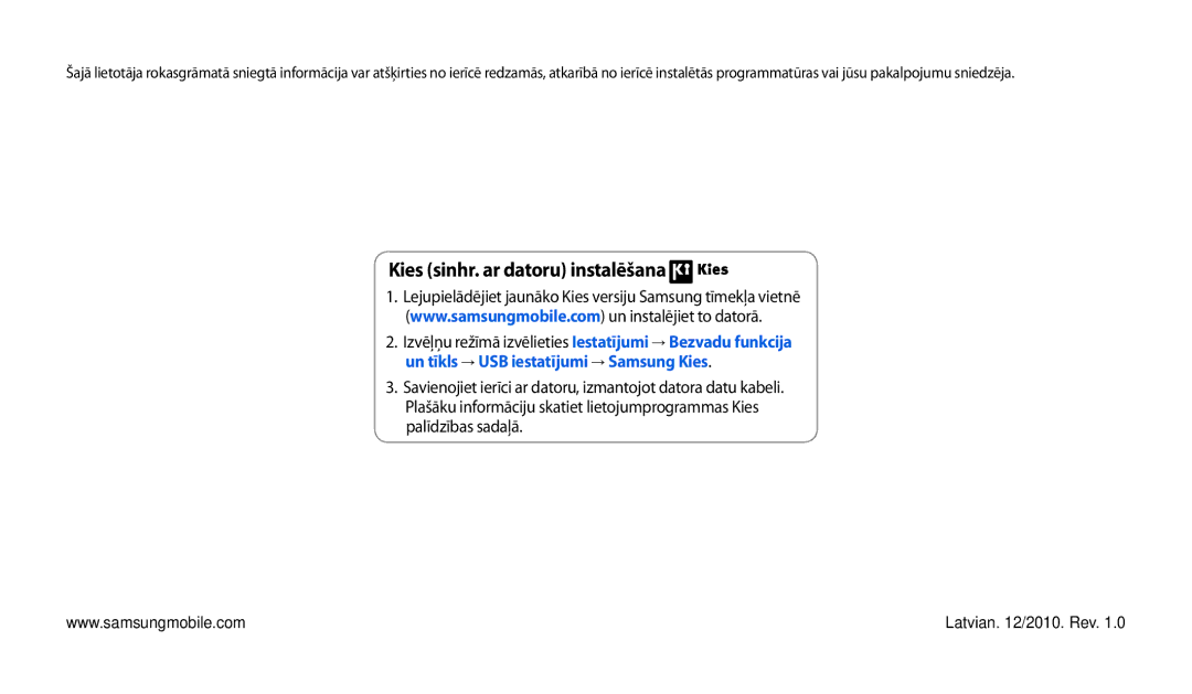 Samsung GT-P1000CWASEB, GT-P1000CWJSEB manual Kies sinhr. ar datoru instalēšana 