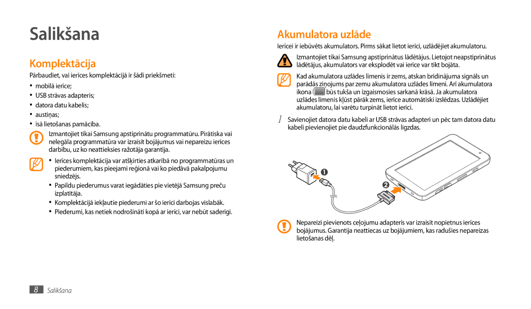 Samsung GT-P1000CWASEB, GT-P1000CWJSEB manual Salikšana, Komplektācija, Akumulatora uzlāde 