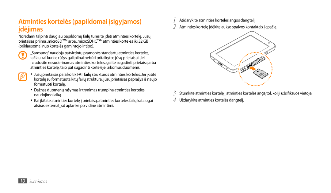 Samsung GT-P1000CWASEB, GT-P1000CWJSEB manual Atminties kortelės papildomai įsigyjamos įdėjimas 