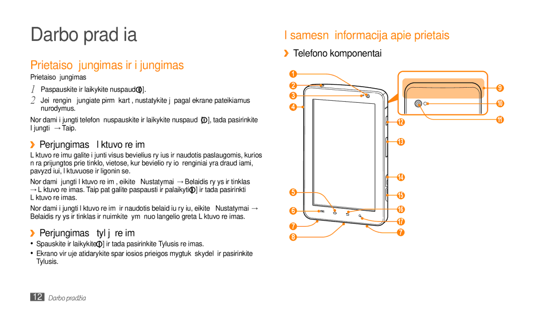 Samsung GT-P1000CWASEB manual Darbo pradžia, Prietaiso įjungimas ir išjungimas, Išsamesnė informacija apie prietaisą 