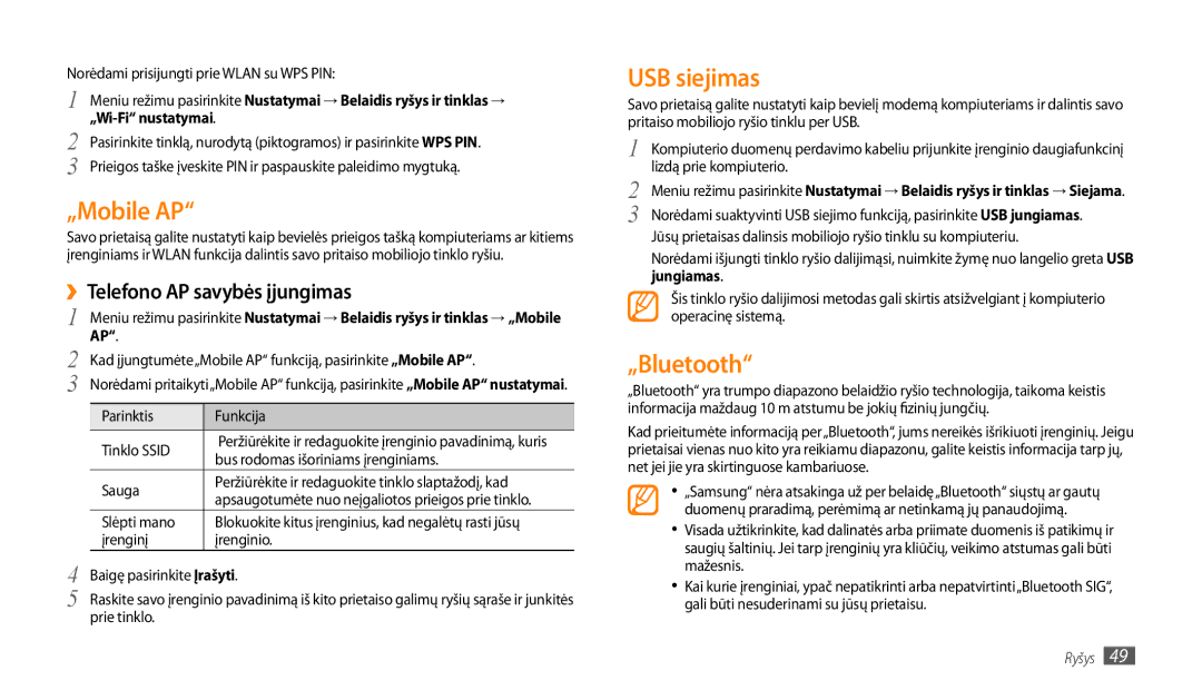 Samsung GT-P1000CWJSEB, GT-P1000CWASEB manual „Mobile AP, USB siejimas, „Bluetooth, ››Telefono AP savybės įjungimas 